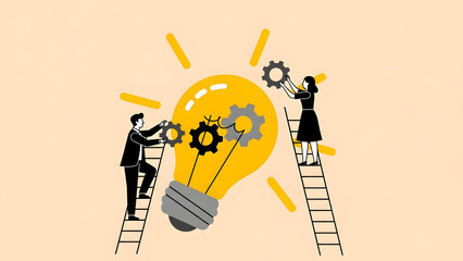 Two professional business partners on ladders collaborating to build a creative idea by installing gears inside a glowing light bulb symbolizing innovation teamwork and technology
