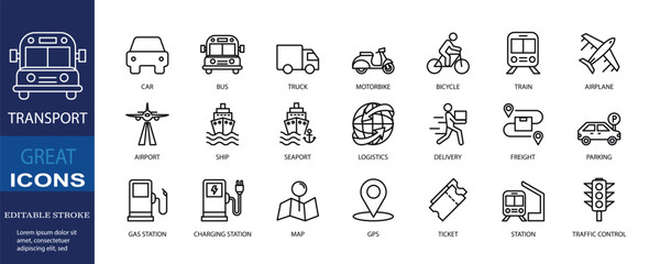 Set of icons for transport. Editable stroke. Vector illustration	