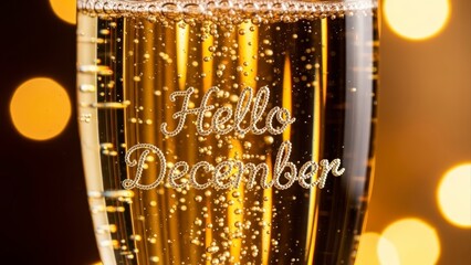 Champagne Glass with Hello December Engraving and Bokeh Lights.