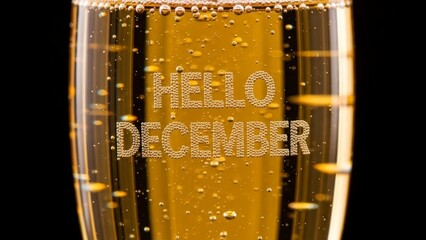 Close up of a champagne flute with Hello December etched on it, filled with bubbly golden liquid.