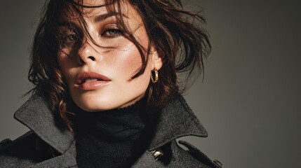 Fashionable model in a charcoal gray trench coat dress and black turtleneck exudes modern elegance with subtle movement and confidence.
