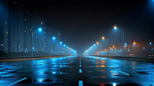Wet city streets glow under the night's embrace. Streetlights paint the dark with vibrant hues, illuminating the slick asphalt in an urban symphony of light and shadow.