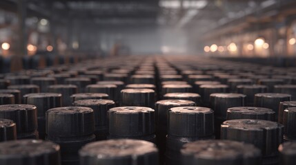 Rows of Steel Artillery Shells in Industrial Warehouse Setting