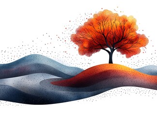 Vibrant orange tree on rolling hills with scattered dots autumn fall