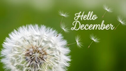 Hello December Dandelion Seeds Blowing in Green Field.