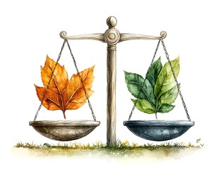 Watercolor balance scale with autumn leaf and green leaves weighing comparison