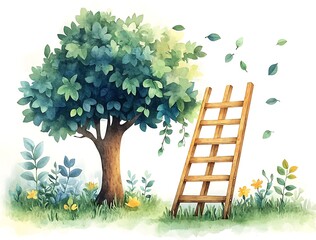 Watercolor illustration of a wooden ladder leaning against a green leafy tree leaves