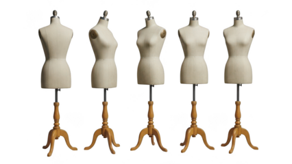 Five female mannequins in different poses isolated on transparent background