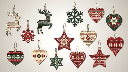Nordic Folk Art Christmas Ornament Set with Reindeer Hearts and Stars Concept