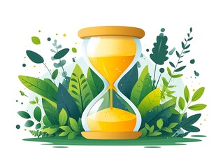 Yellow hourglass with falling sand surrounded by lush green foliage sand timer time