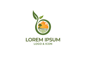 vector logo icon of island with tree and growing leaf shoots