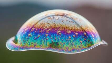Macro Photograph of a Colorful Soap Bubble Reflecting Rainbow Hues.
