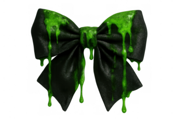 Black fabric bow heavily coated with bright green slime, depicting a messy and toxic ooze flowing downwards