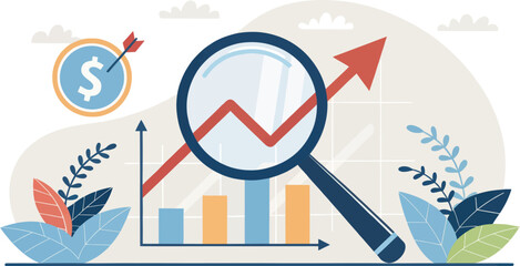 Fototapeta premium Economic Growth Analysis with Magnifying Glass Over Upward Arrow