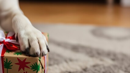Dogs Paw Resting on a Festive Gift Box on a Cozy Rug.
