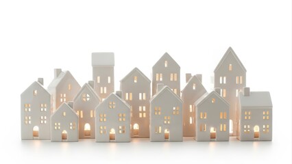 Ceramic Miniature Houses with Warm Lights on White Background.