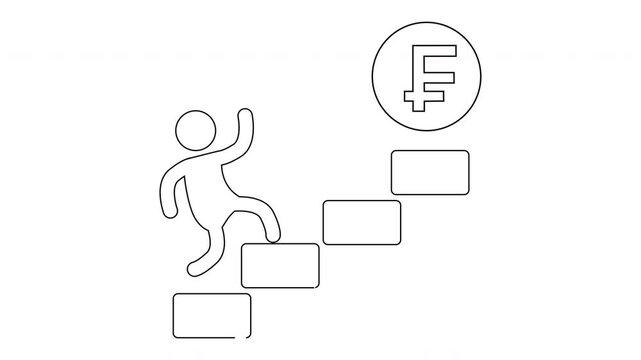 Stick figure climbing stairs to reach a circled Swiss Franc symbol