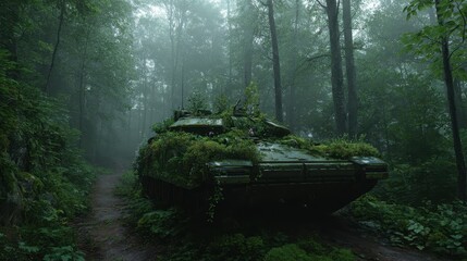 Abandoned military tank reclaimed by nature, covered with moss and plants in a foggy forest setting.
