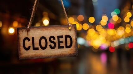 Wooden closed sign hanging in a shop window at night, symbolizing the end of the business day and quiet downtime
