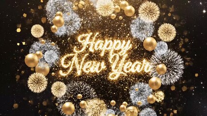 Sparkling celebration with golden balloons and festive fireworks for a joyous New Year's Eve.