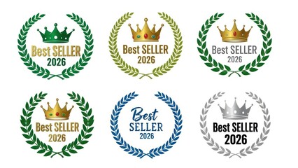 Best seller badges with crowns and laurel wreaths illustrations