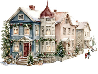 Enchanting holiday vignette watercolor artwork a snowy village street lined with Victorianstyle houses each adorned with garlands wreaths and twinkling lights child