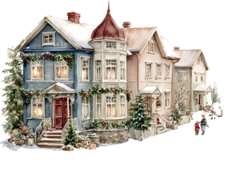 Enchanting holiday vignette watercolor artwork a snowy village street lined with Victorianstyle houses each adorned with garlands wreaths and twinkling lights child