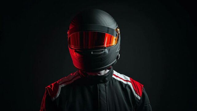 Race car driver wearing helmet and racing suit in front of black background. Intense, focused, and ready for competition on the track.