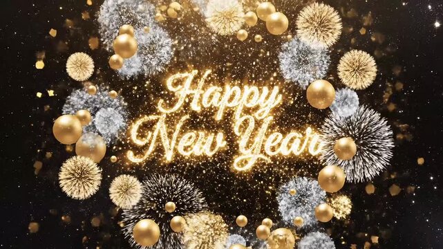 Sparkling celebration with golden balloons and festive fireworks for a joyous New Year's Eve.