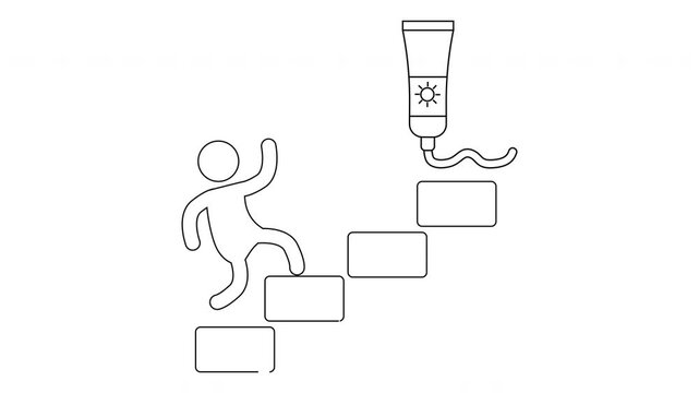Stick figure climbing stairs with sunscreen above simple line art