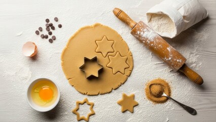 Overhead view of cookie dough with star-shaped cutters, flour, rolling pin, and baking ingredients on a white table.