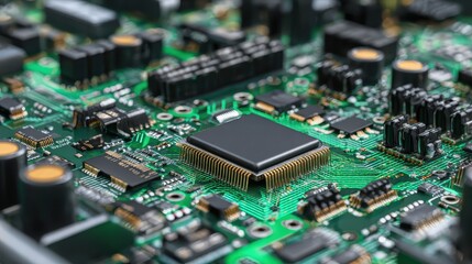 Green electronic circuit board motherboard filled with processors and digital components, representing modern computer network technology and data flow
