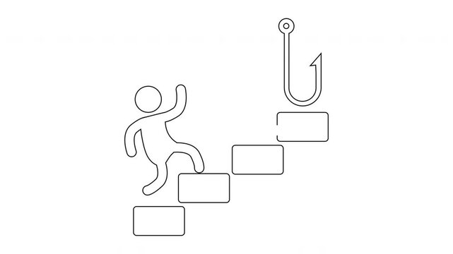 Stick figure climbing steps towards a fishhook above