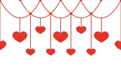 Red heart decorations hanging from strings on transparent background