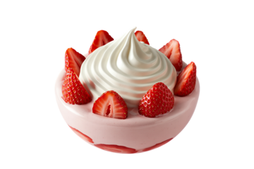 A delightful strawberry dessert featuring a creamy pink base, topped with a generous swirl of white whipped cream and fresh strawberry halves.