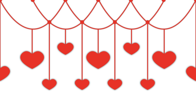 Red heart decorations hanging from strings on transparent background - Powered by Adobe