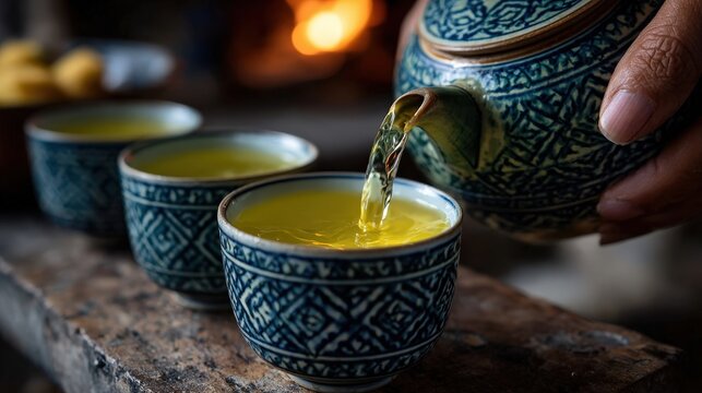 This image captures the moment of traditional tea being poured from a beautifully crafted pot into intricate cups, evoking a sense of warmth, hospitality, and cultural richness.