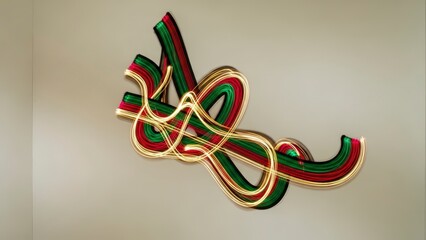 Abstract Swirls of Red, Green, and Gold Ribbons on a Neutral Background.