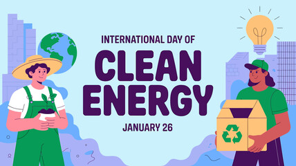 International day of clean energy banner with eco friendly people and recycling