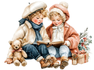 Enchanting holiday vignette watercolor artwork Children at christmas Christmas storybook style rendered in gentle realistic style soft pastel tones whimsical storyb