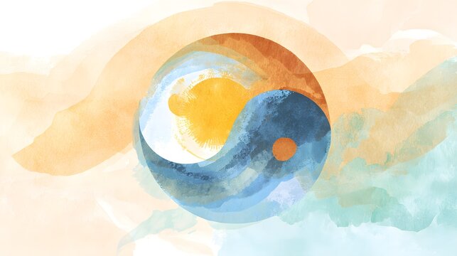 Serene watercolor Tao symbol blends sun moon elements a harmonious creative concept design