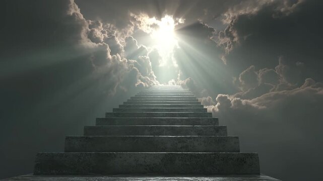 A majestic staircase ascends to a bright sun shining through clouds in the sky