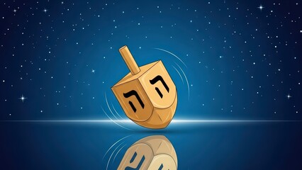 Spinning dreidel on a reflective surface with a starry night sky background, symbolizing Hanukkah celebration.