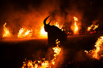 Krampus in the midst of flames is a demonic being that accompanies the religious folkloric figure. This tradition is linked to Christian mythology.
