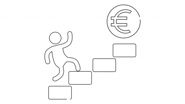 Stick figure climbs steps toward a Euro coin in this simple black and white illustration