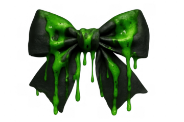 Black bow covered in green slime dripping, oozing toxic liquid, spooky halloween decoration, isolated element