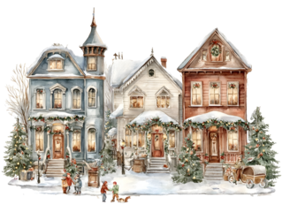 Enchanting holiday vignette watercolor artwork a snowy village street lined with Victorianstyle houses each adorned with garlands wreaths and twinkling lights child
