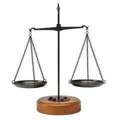 Justice scales of balance on wood, background removal, transparency