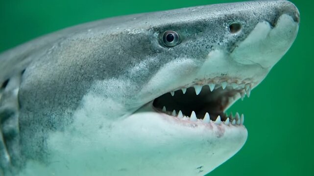 Close-up of a shark's head with visible eye and sharp teeth against a green background