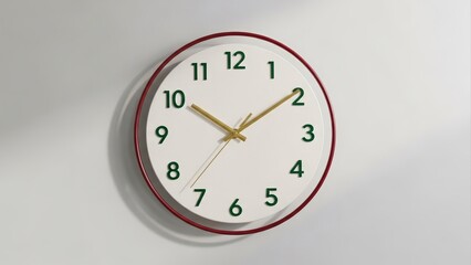 Minimalist Round Wall Clock with Red Rim and White Face on a Plain Wall.